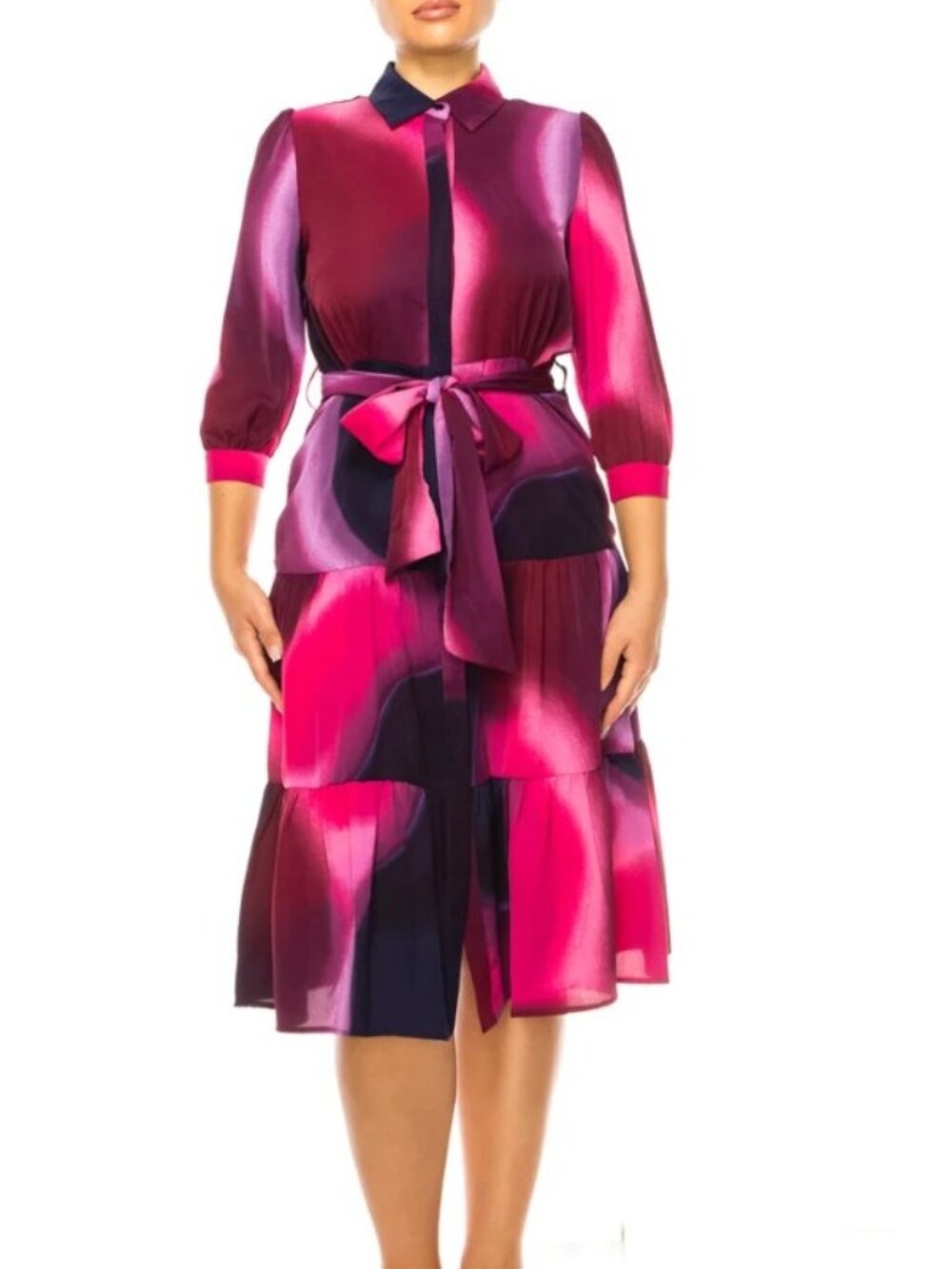 Nicole Miller -Size 8- Fuchsia Abstract Print Belted Shirt Dress w/Tiered Skirt